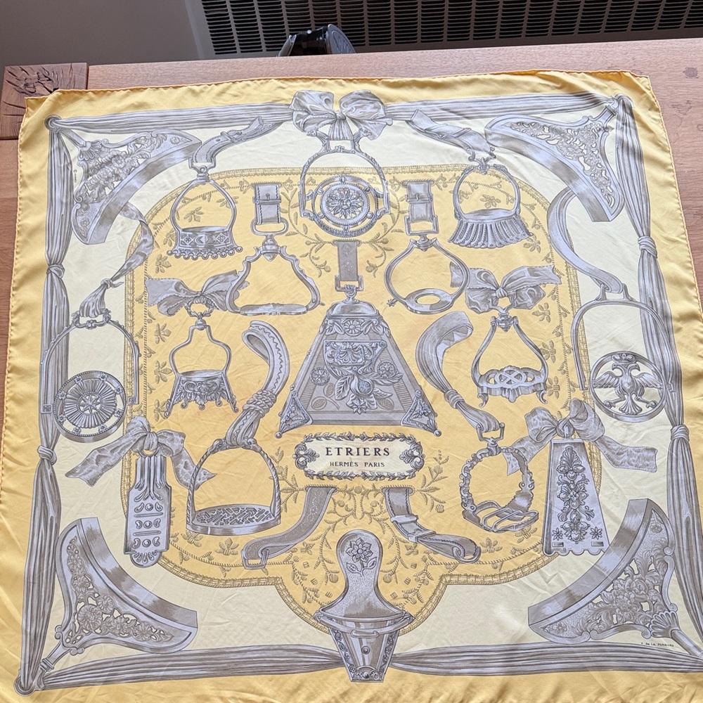 Hermes Yellow and Gray Etriers Silk Scarf